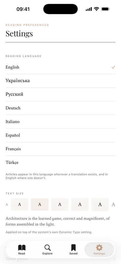 Settings with the eight reading languages